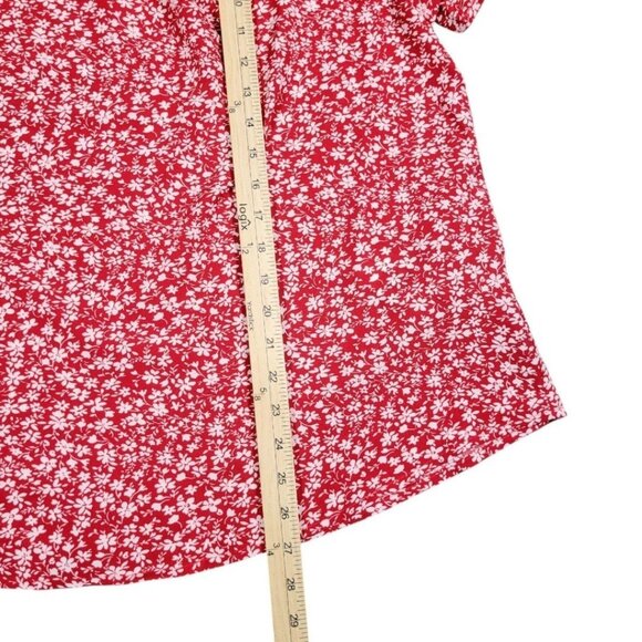 Womens Vibrant Red Floral Print Blouse Plus 1X 2X Short Sleeve Gathered Neckline - Picture 9 of 11